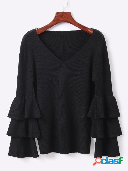 Black V-neck Long Flared Sleeves Fashion Sweater