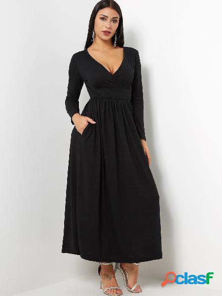 Black V-neck Long Sleeved Evening Maxi Dress