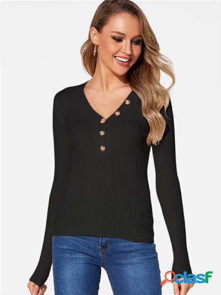 Black V-neck Long Sleeves Bodycon Knitting Sweater