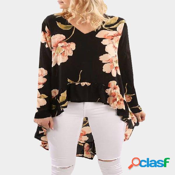 Black V-neck Random Floral Printed Top