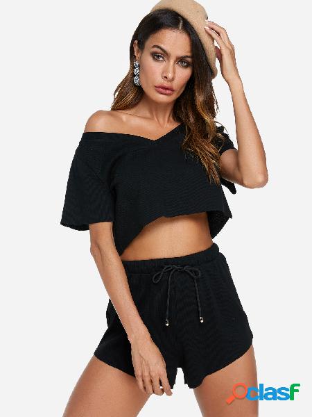 Black V-neck Short Sleeves Crop Top Two Piece with Short