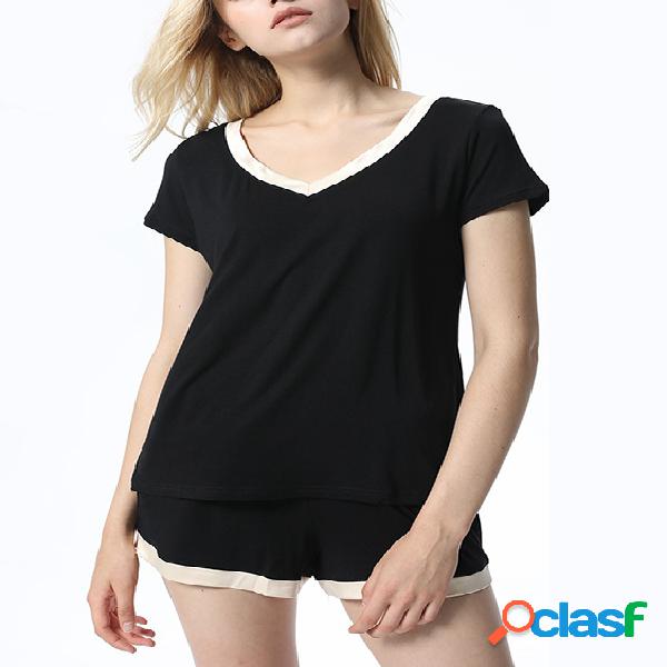 Black V-neck Short Sleeves Pajama Sets