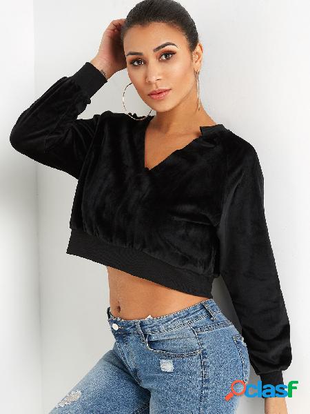 Black Velvet V-neck Crop Sweatshirt