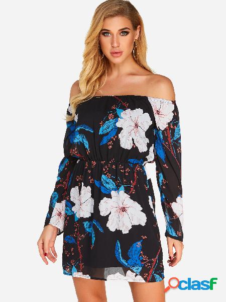 Black With Lining Random Floral Print Off Shoulder Stretch