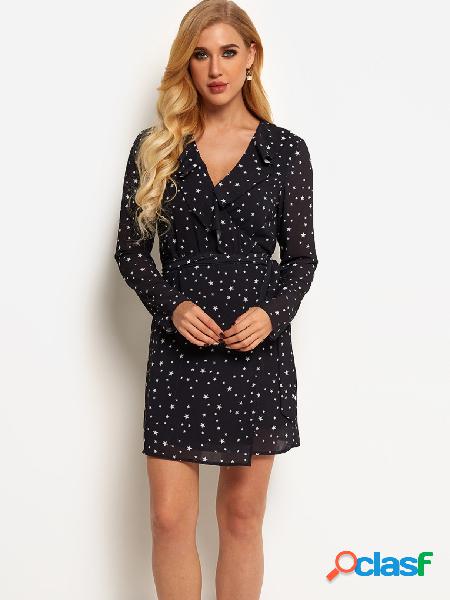 Black Wrap Design Little Star V-neck Long Sleeves Dress