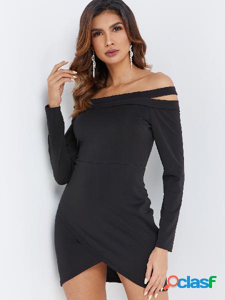 Black Wrap Design Off The Shoulder Long Sleeves Mini Dress