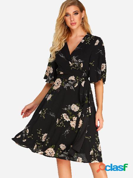 Black Wrap Design Random Floral Print V-neck Half Sleeves