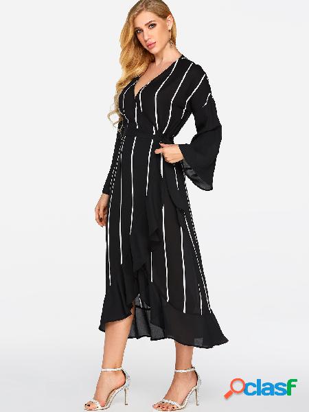 Black Wrap Design Stripe V-neck Long Sleeves Maxi Dress
