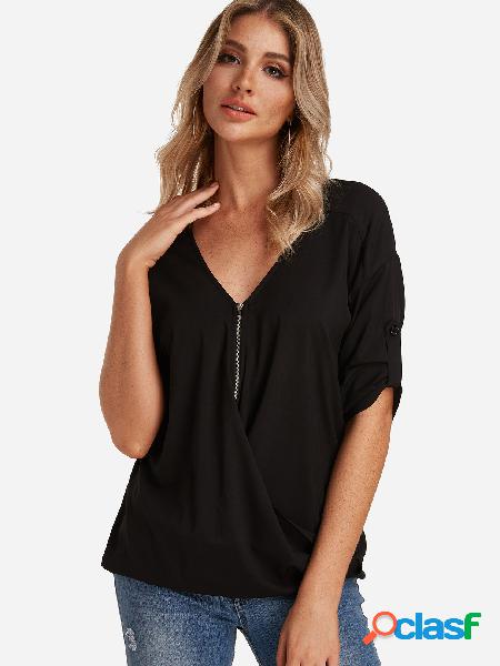 Black Zip Design Deep V Neck Button Design Adjustable 3/4