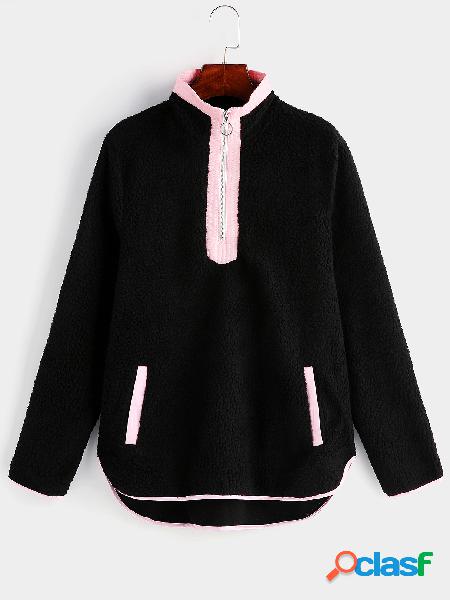 Black Zip Design Perkins Collar Long Sleeves Sweatshirts
