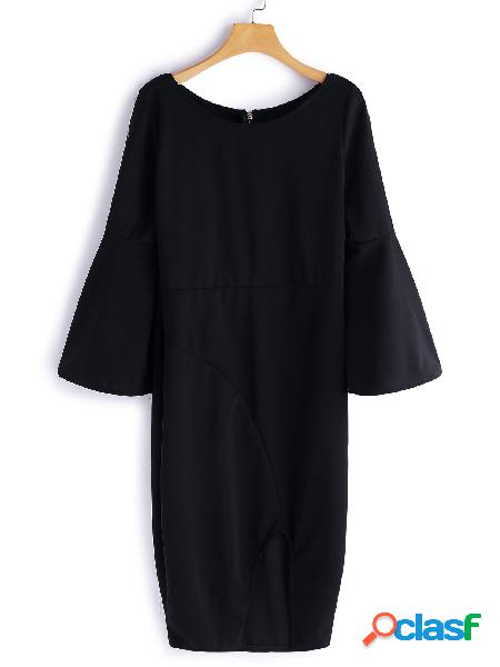 Black Zip Design Plain Round Neck Flared Sleeves Midi Dress