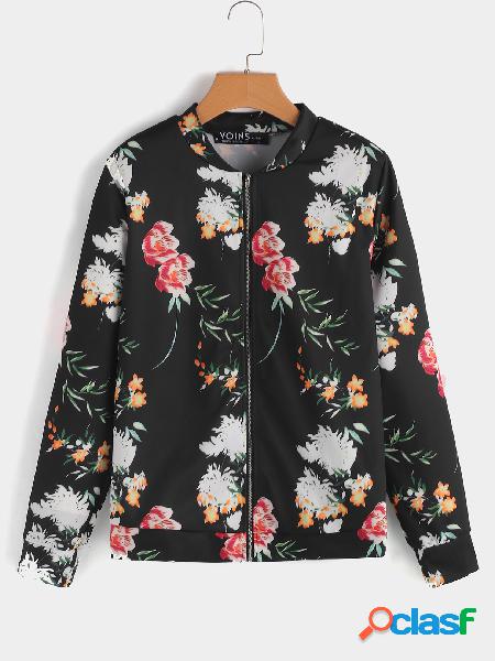 Black Zip Design Random Floral Print Long Sleeves Jackets
