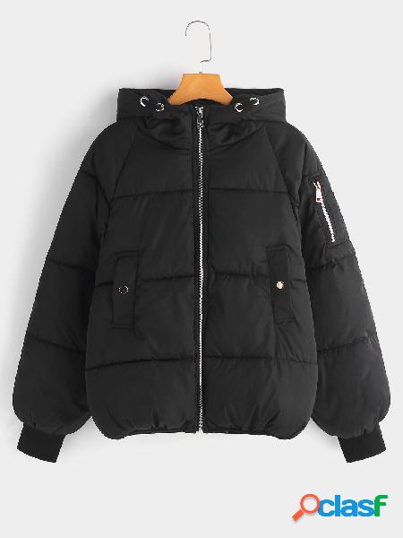Black Zip Design Side Pocket Long Sleeves Hooded Coat