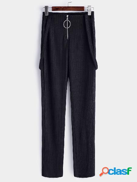 Black Zipper Design Wide Leg Bib Pants