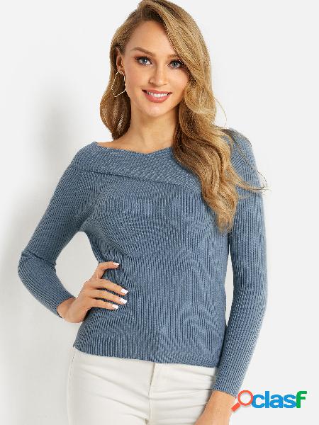 Blue Asymmetrical Long Sleeves Knitted Top