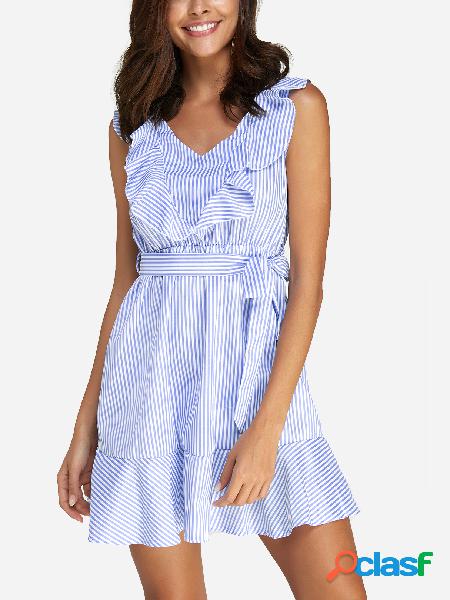 Blue Backless Design Stripe V-neck Sleeveless Mini Dress