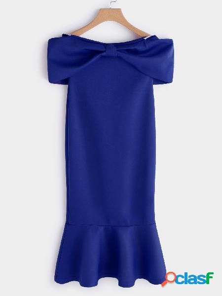 Blue Bowknot Off the Shoulder Flounced Hem Midi Dress