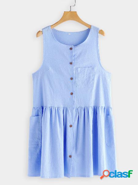 Blue Button Front Design Side Pockets Sleevesless Dress
