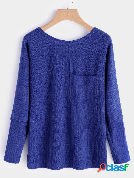 Blue Chest Pocket Boat Neck Long Sleeves Ribbed T-shirt