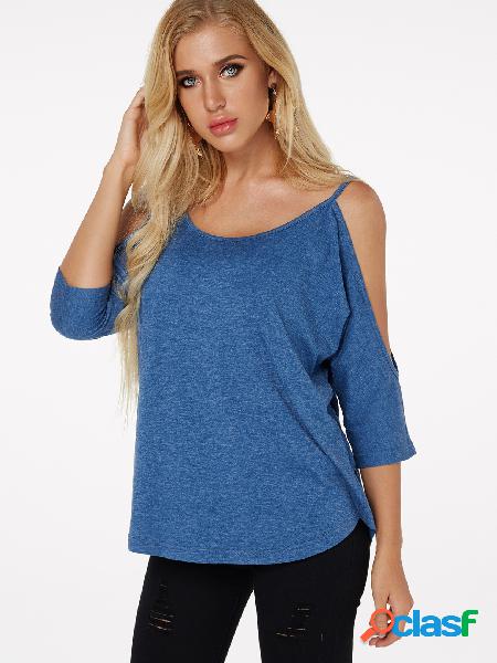 Blue Cold Shoulder 3/4 Length Sleeves T-shirt