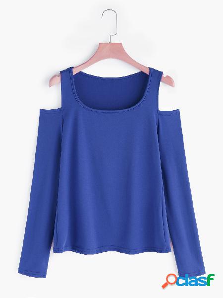 Blue Cold Shoulder Long Sleeves Basic Top