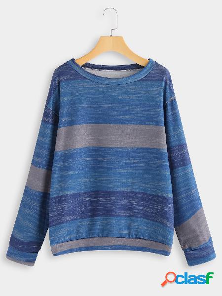 Blue Color Block Stripe Round Neck Long Sleeves Tee