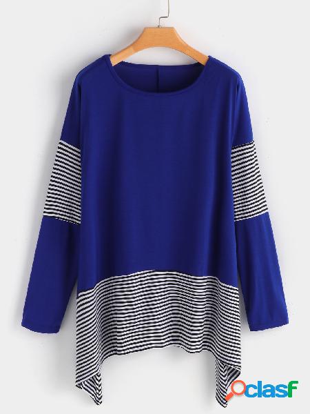 Blue Color Block Style Stripe Crew Neck Long Sleeves