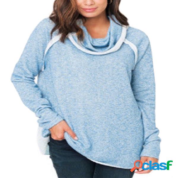 Blue Contrasting Roll Neck Long Sleeves Stitching Sweatshirt