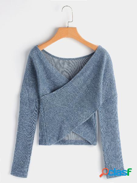 Blue Crossed Front Design V-neck Long Sleeves Sweater