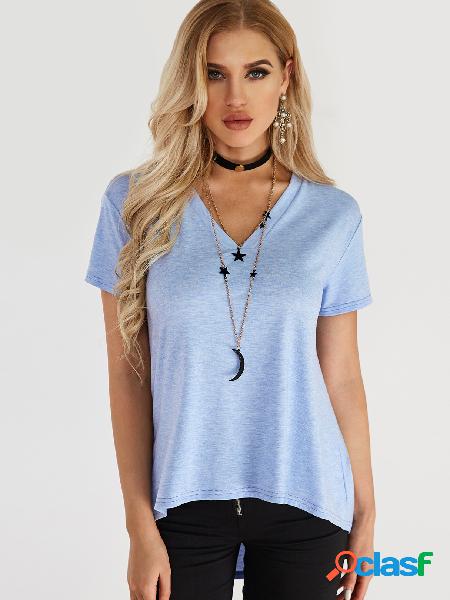 Blue Cut Out Plain V-neck Short Sleeves High-low hem T-shirt