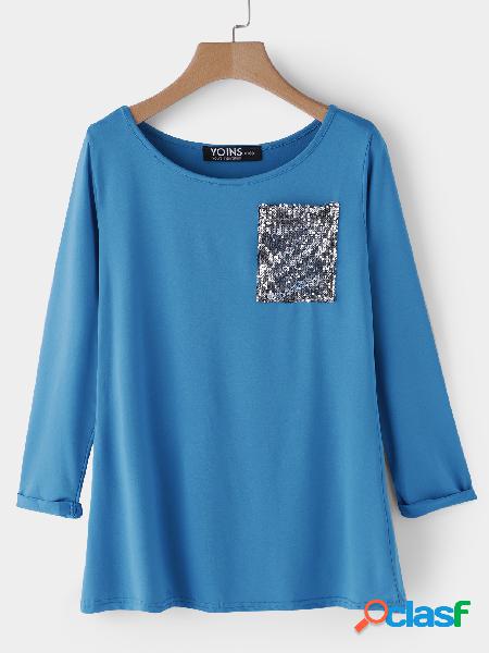 Blue Entry Pocket Slit Back Design Long Sleeves T-shirts