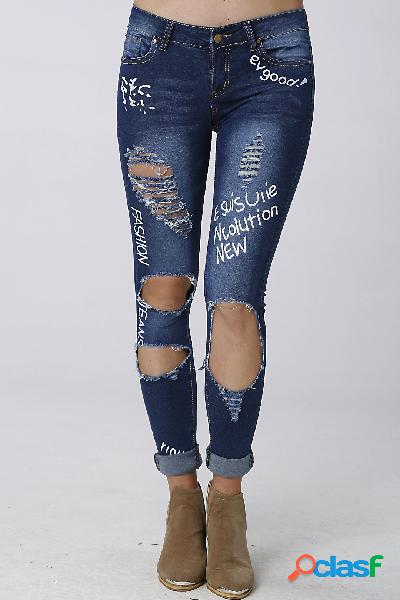 Blue Fashion Low Waist Ripped Letter Pattern Skinny Jeans