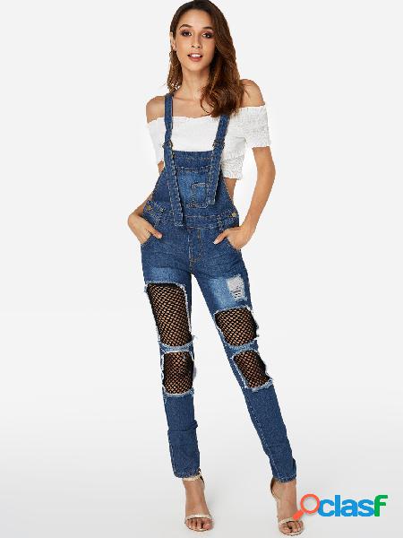 Blue Fishnet Random Ripped Details Overall Outfits