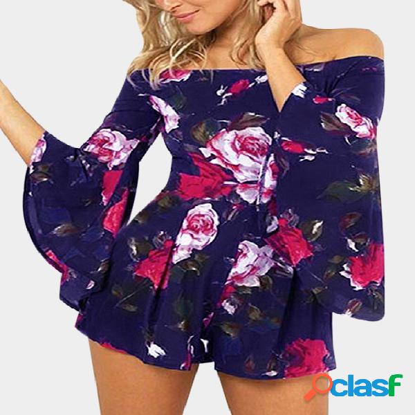 Blue Floral Print Off The Shoulder Long Sleeves Playsuits