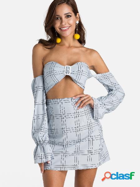 Blue Grid Off Shoulder Bell Sleeves Two Piece Outfits