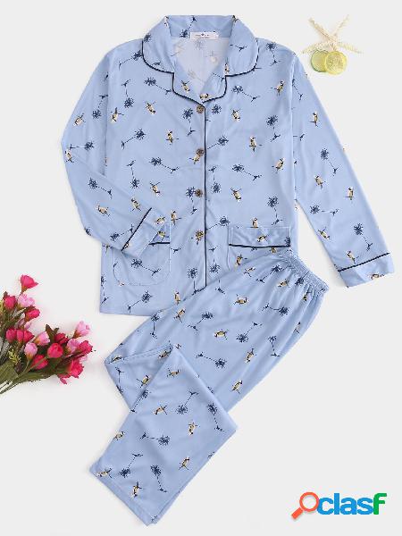 Blue Notch Collar Long Sleeves Cute Printed Pajama Set