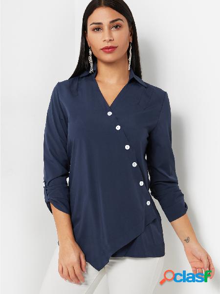 Blue Oblique Button Design Plain V-neck Long Sleeves Shirt
