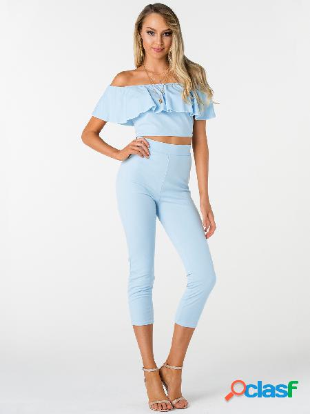 Blue Off-The-Shoulder Ruffle Design Two Piece Outfits