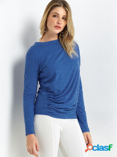 Blue Pleated Design Plain Crew Neck Long Sleeves Tee