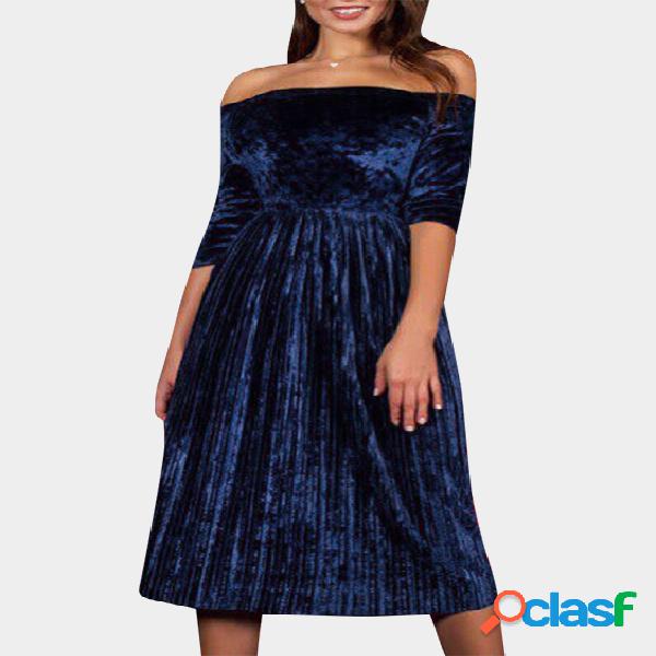 Blue Pleated Suede Off Shoulder 3/4 Length Sleeves Midi