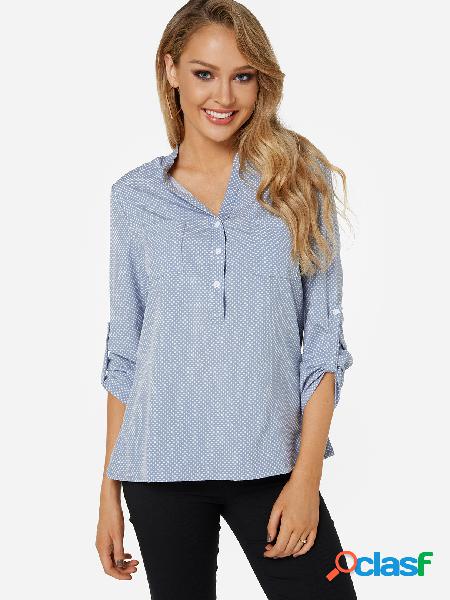 Blue Pocket Design Polka Dot V-neck Long Sleeves Shirt