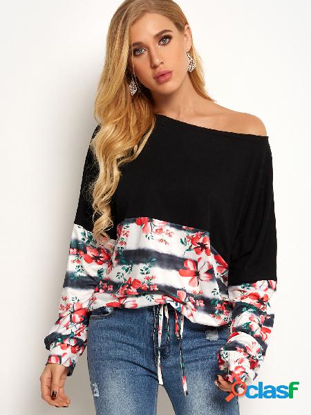 Blue Random Floral Print One Shoulder Long Sleeves Stitching