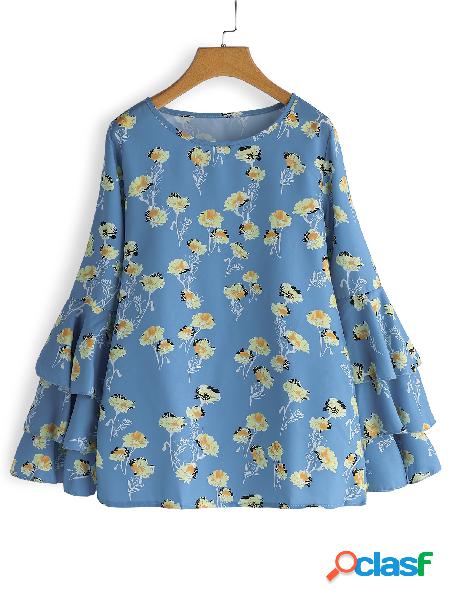 Blue Random Floral Print Round Neck Long Tiered Bell Sleeves