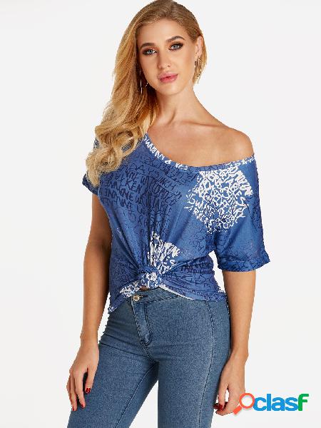 Blue Random Letter Print Scoop Neck Short Sleeves Top