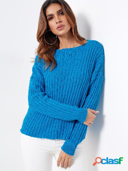 Blue Round Neck Lantern Sleeves Casual Sweater
