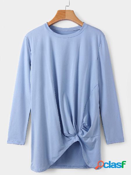 Blue Round Neck Long Sleeves Irregular Hem T-shirt