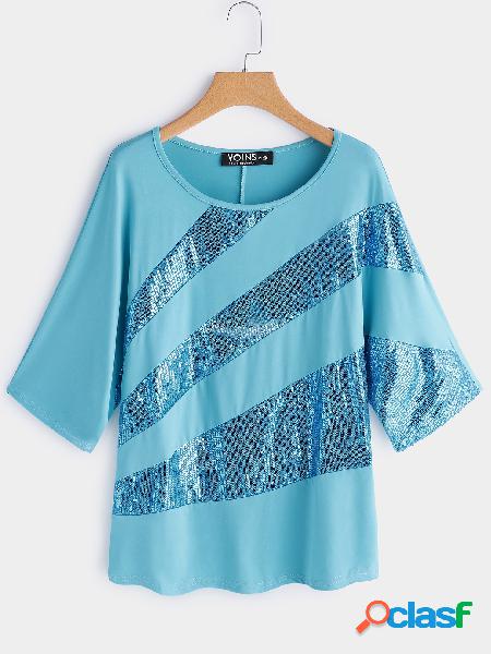 Blue Sequins Embellished Round Neck Bat Sleeves T-shirt