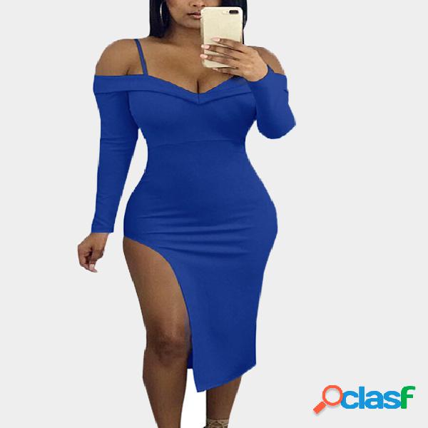 Blue Side Slit Off The Shoulder Long Sleeves Dress