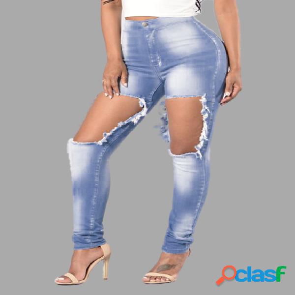Blue Skinny High-waist Elastic Ripped Jeans