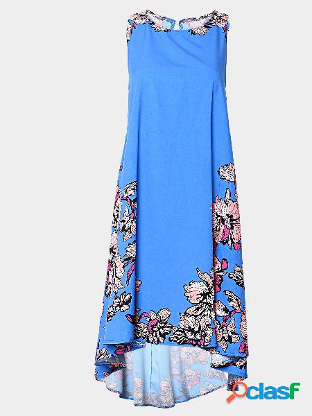Blue Sleeveless Random Floral Printed Dress